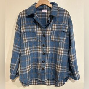 Pink Lily "Misunderstood Heart" Blue Brown Plaid Shacket Size Small